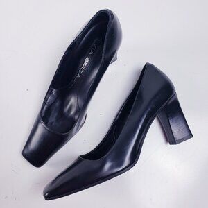 VTG Y2K Via Spiga Square Toe Chunky Heel Pump  Black Leather Womens Size 6